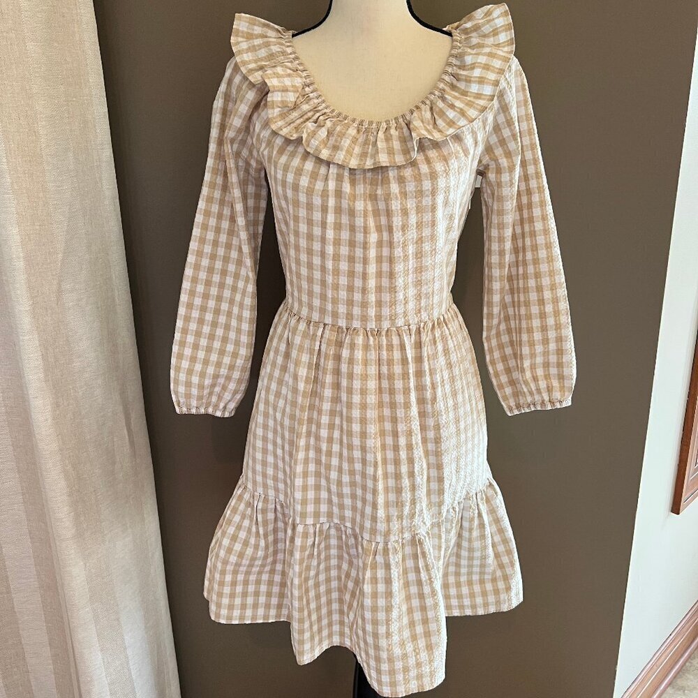 NWT J. Crew Seersucker Ruffleneck tiered mini dress, Tan & White, Size 2